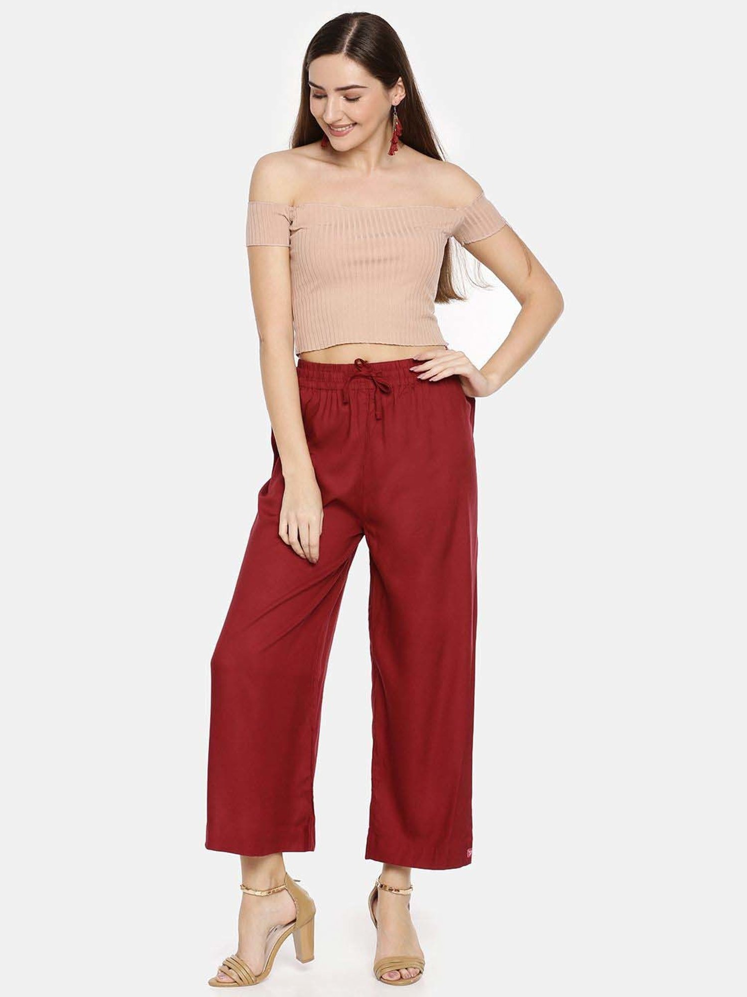 TWIN BIRDS Green & Maroon Mid Rise Palazzos - Pack Of 2