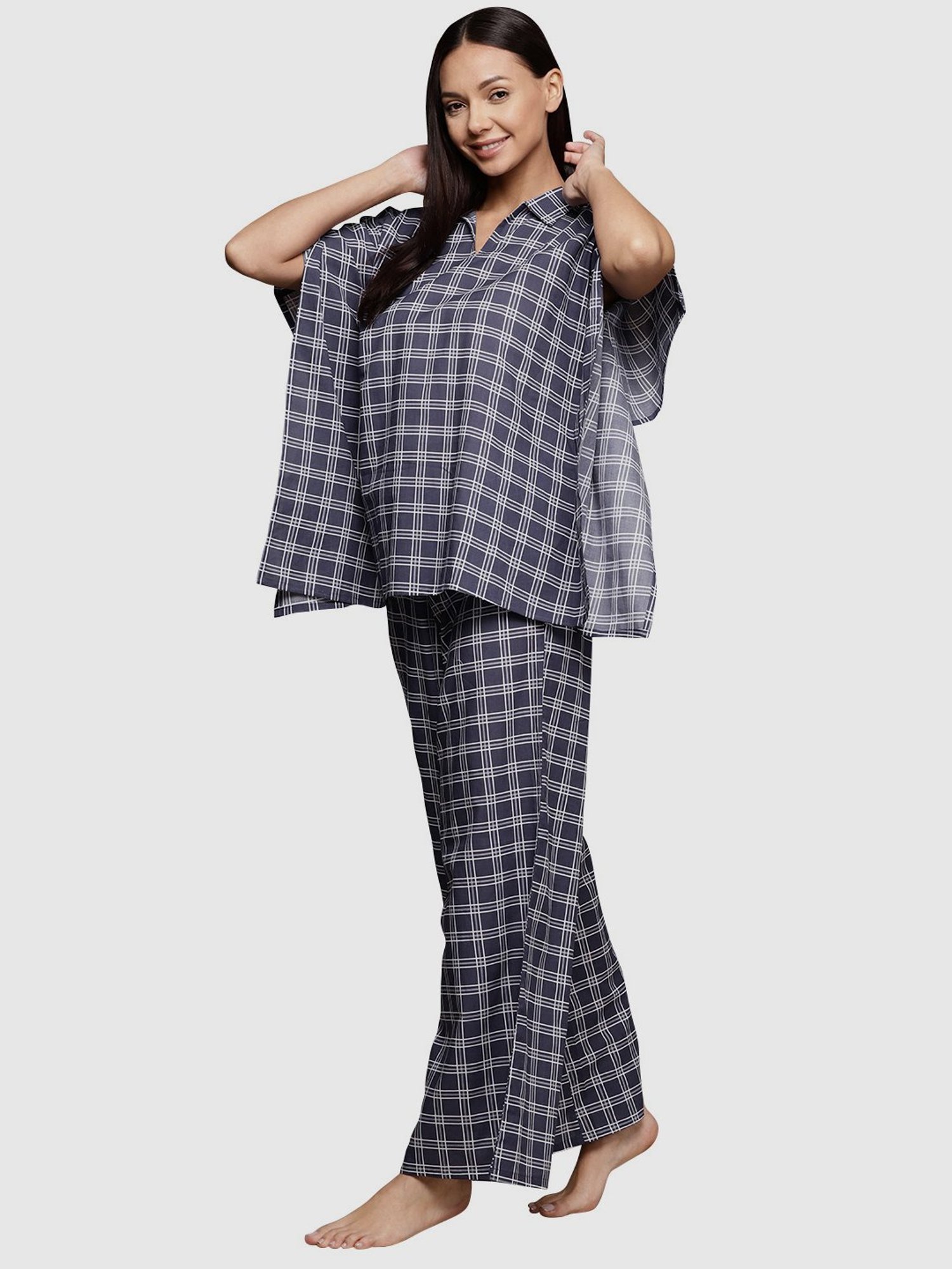Ziyaa Navy Cotton Chequered Kaftan Pyjama Set