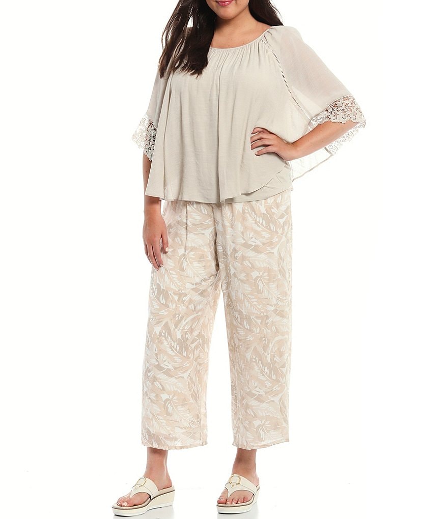 I.N. Studio Plus Size Gauzy Texture Scoop Neck Lace Trim Detail Elbow Short Sleeve Overlay Top