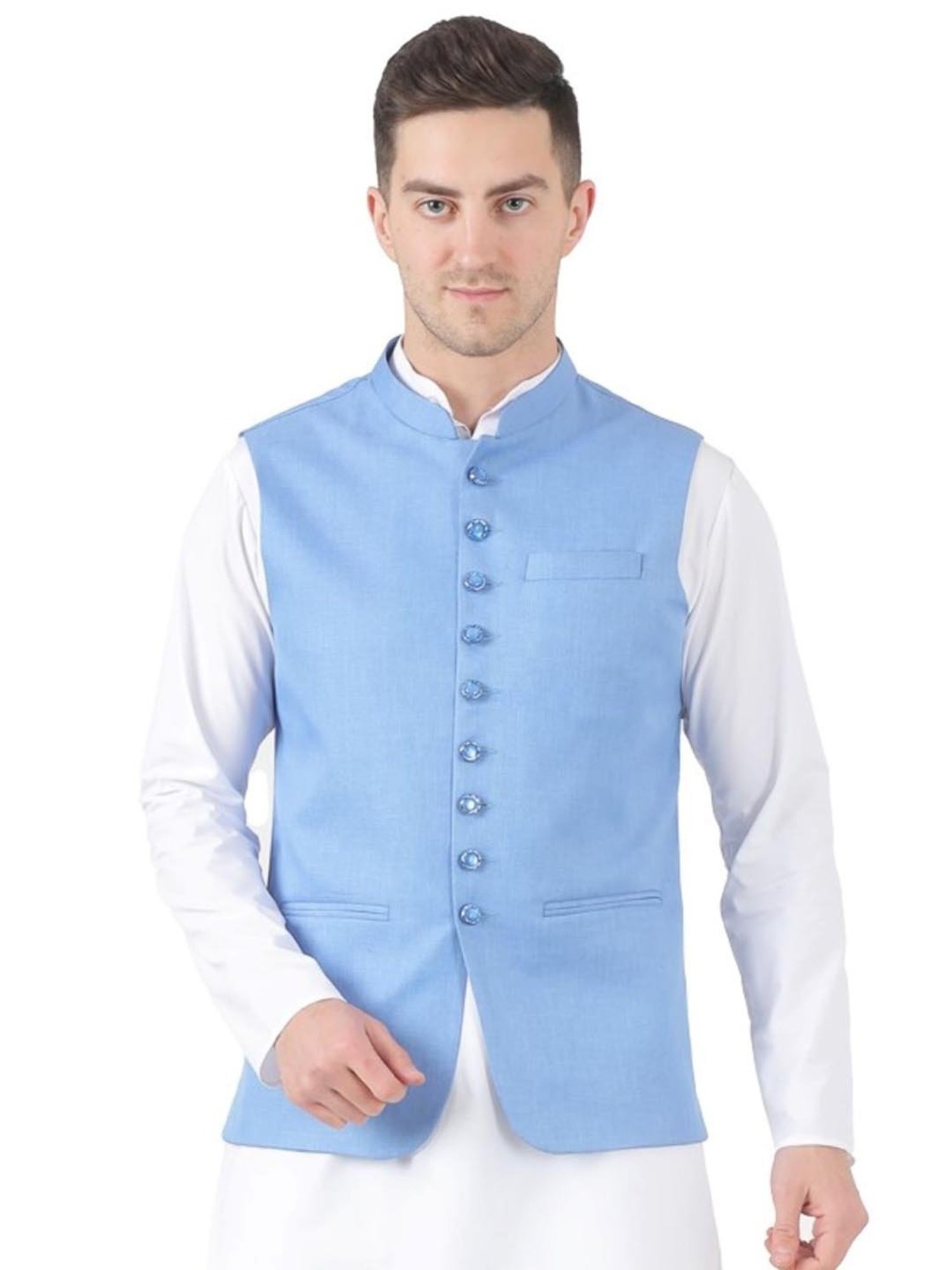 TAHVO Light Blue  Slim Fit Nehru Jacket