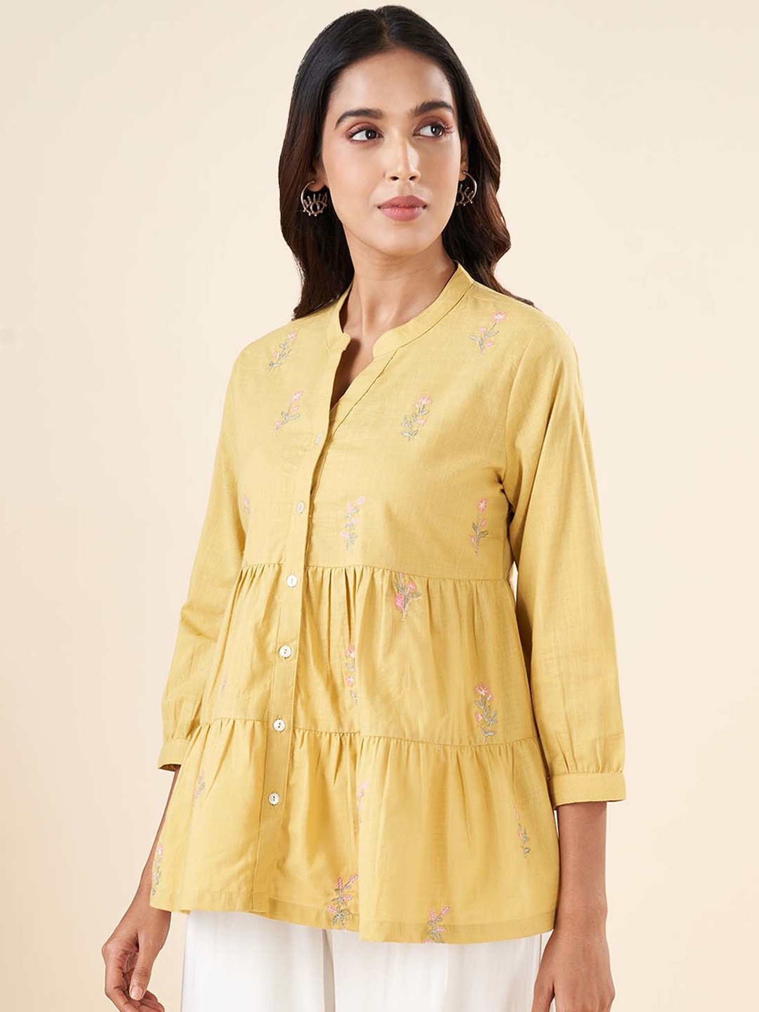 Akkriti by Pantaloons Yellow Cotton Embroidered Top