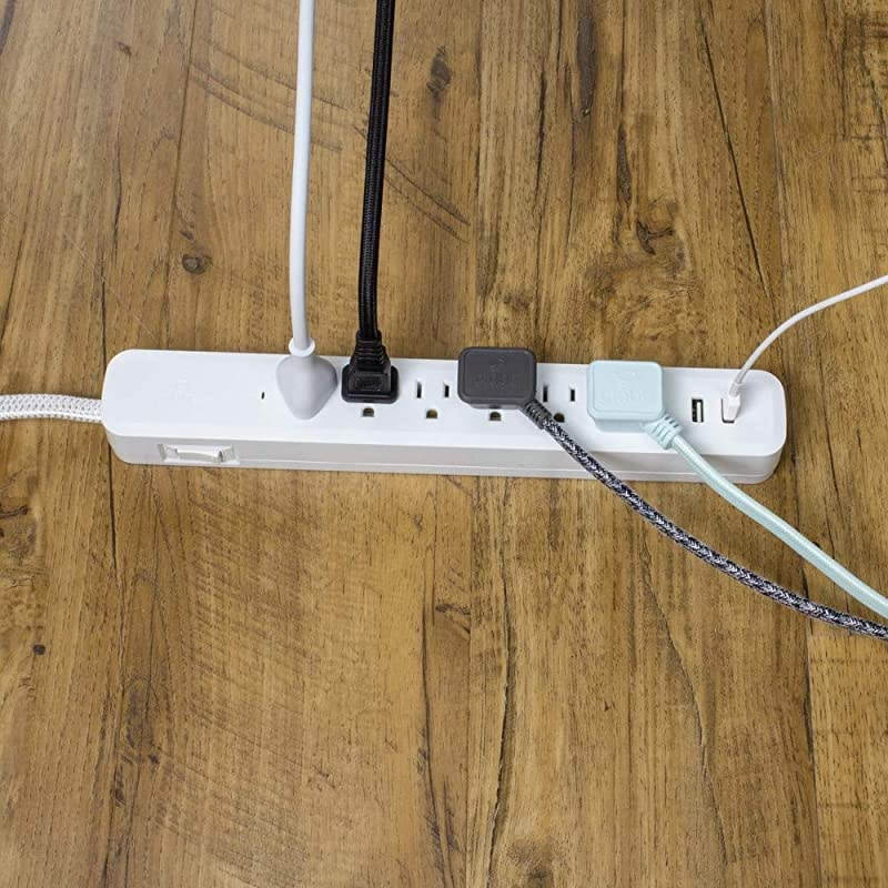 Designer Series 6ft 6-Outlet Power Strip, 2X USB Ports (5V/3.1A), Surge Protector, Right Angle Plug, Circuit Breaker Switch, White Finish, Silver Fabric Cord 78361, 2 Ft