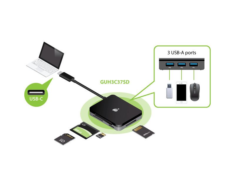 IOGEAR USB-C Hub with Multi-Memory Card Reader - USB Type C - External - 3 USB Port(s) - 3 USB 3.0 Port(s) - PC, Mac