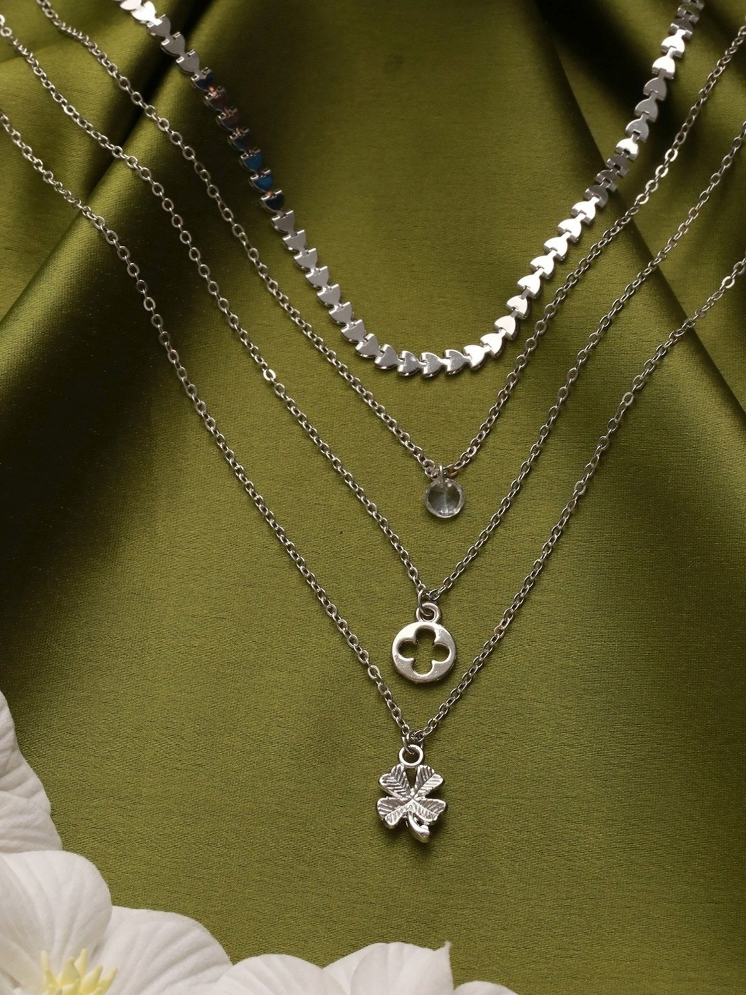 Priya by Priyaasi Floral Solitaire Heart Link Layered Silver-Plated Necklace