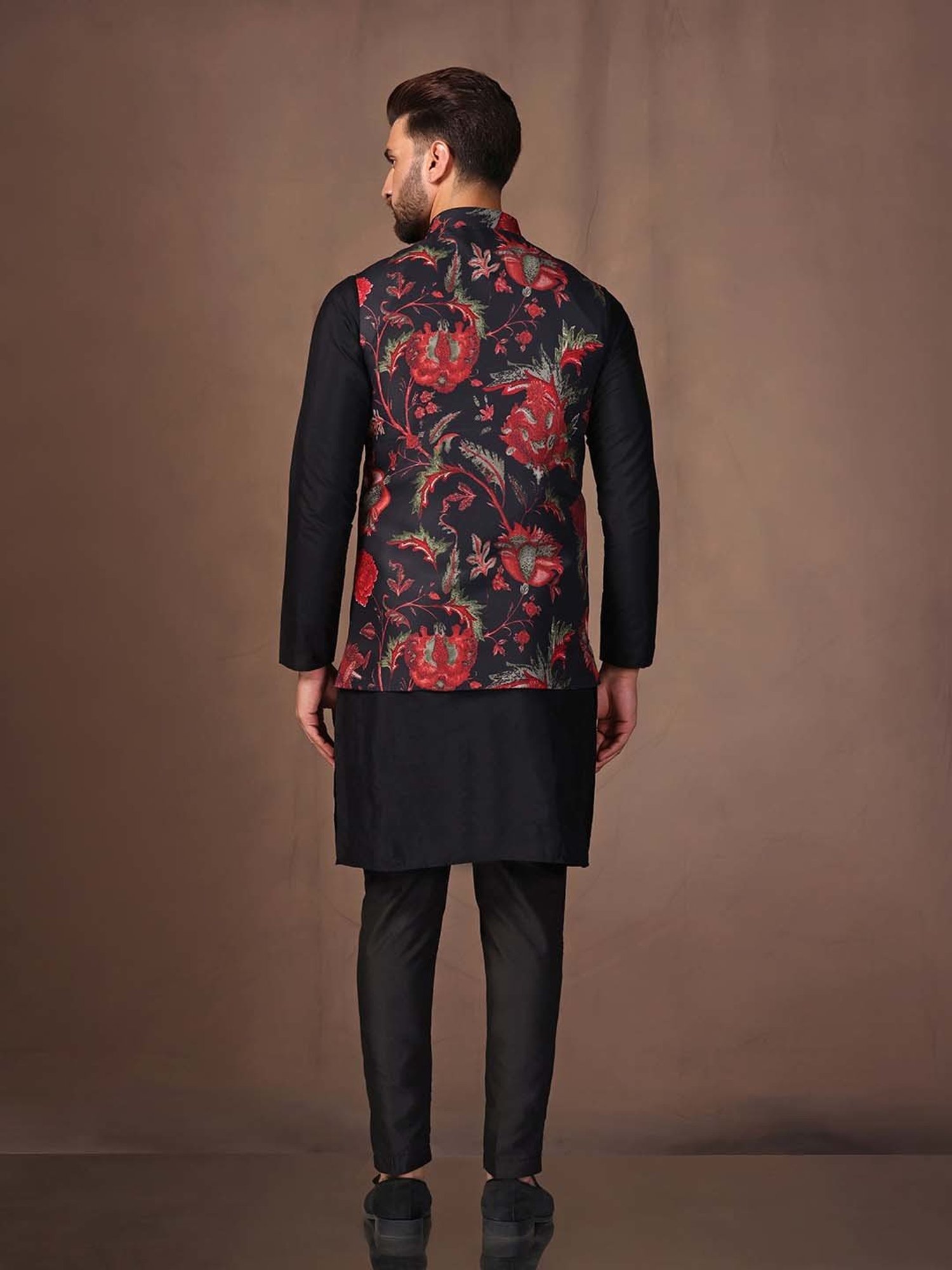KISAH Black Regular Fit Printed Kurta & Pants With Nehru Jacket