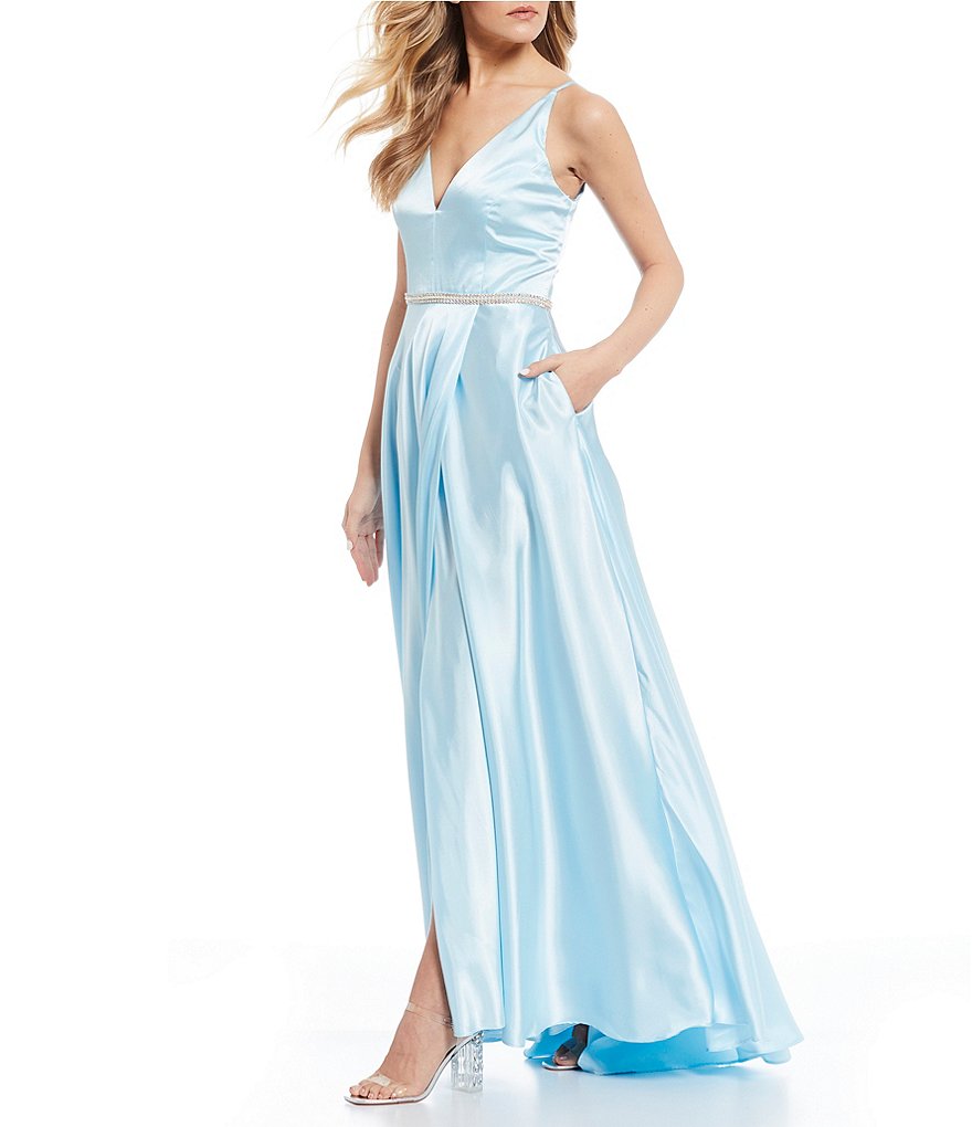 Blondie Nites Sleeveless V-Neck Beaded Waist Side Slit Satin Ball Gown
