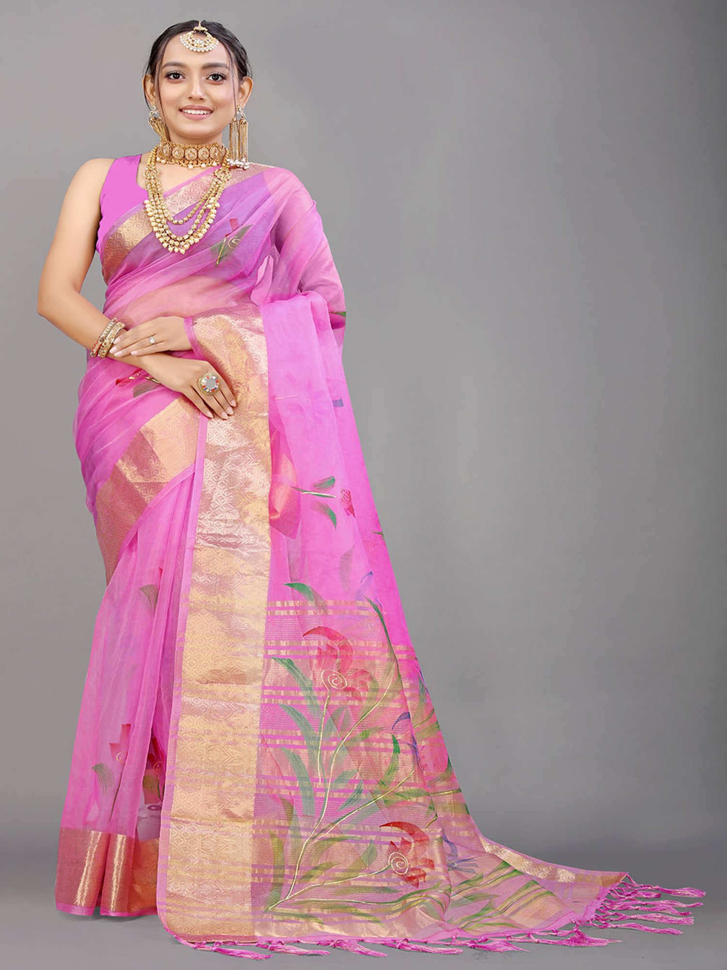 SHUBHKALA Pink Silk Woven Saree With Unstitched Blouse