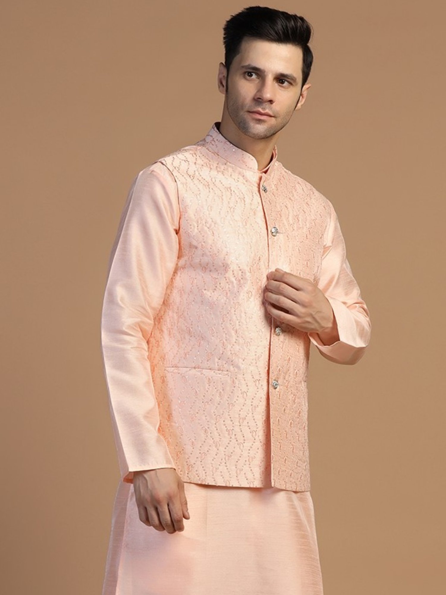 TAHVO Peach Regular Fit Embroidered Nehru Jacket