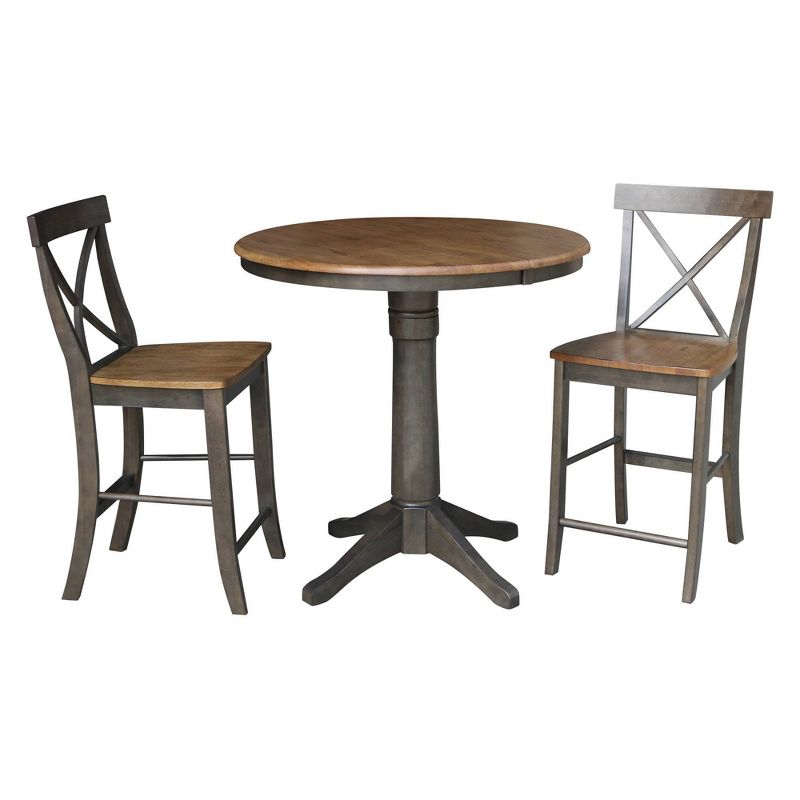 36" Lee Round Extendable Dining Table with 2 Counter Height Barstools Tan/Washed Coal - International Concepts