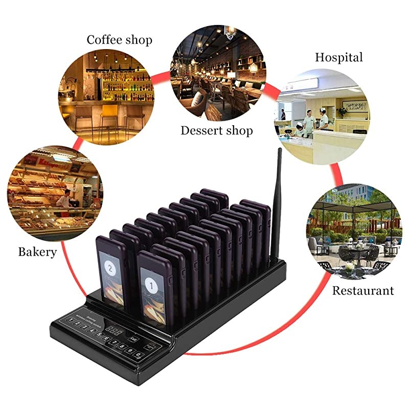 43392MHz Wireless Calling System 999channel High Sensitivity Guest Paging System with 20 Rechargeable Pagers Receivers and 1 Transmitter Suitable for RestaurantUS Plug
