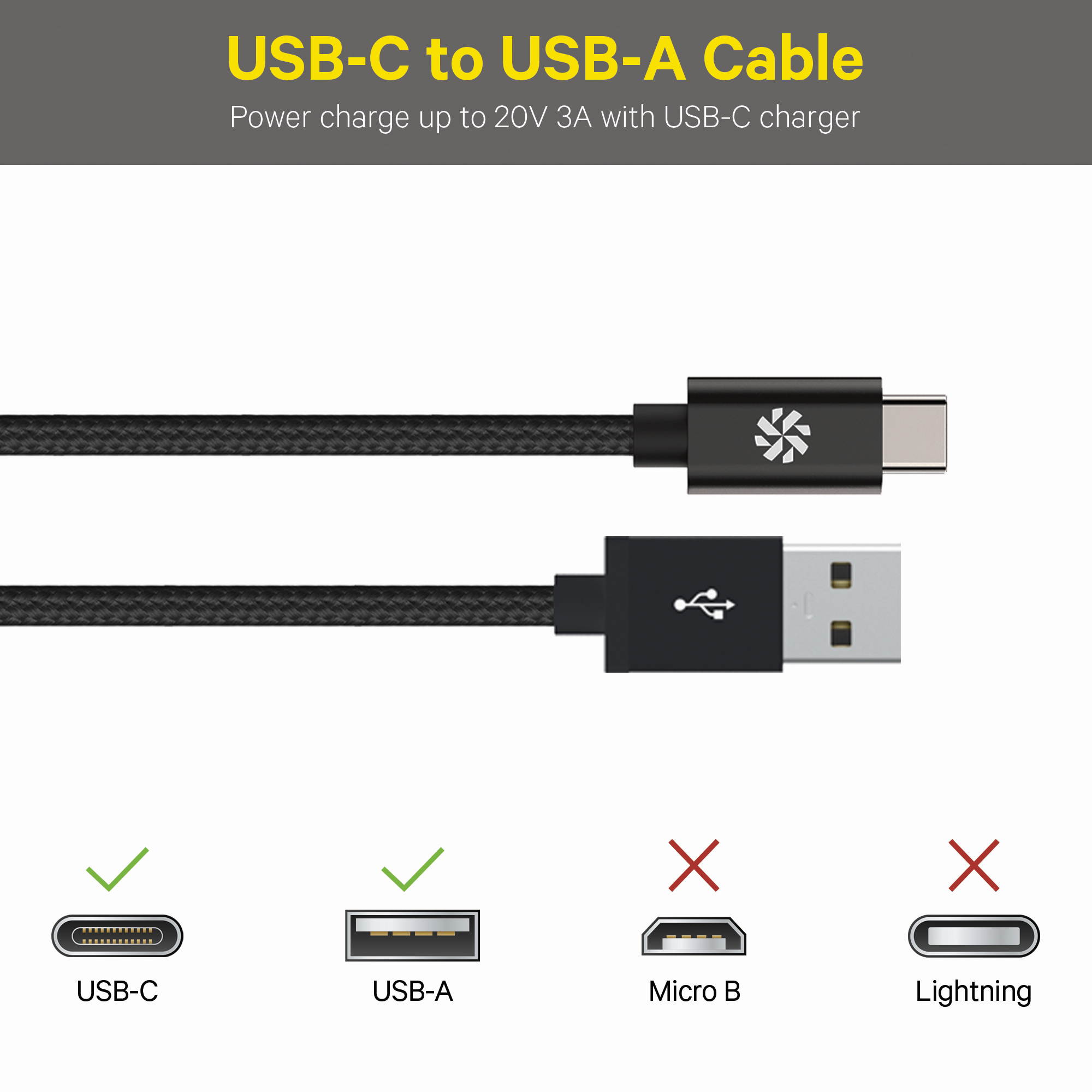 Kanex DuraBraid USB Type-C to USB-A 2.0 Male Charger Cable, 4 Feet (1 Meters), Black