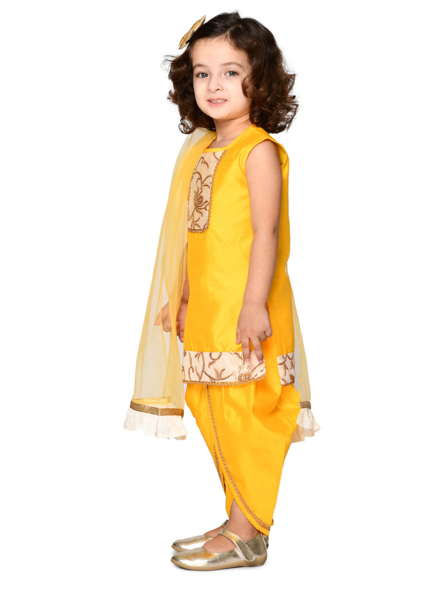 Saka Designs Kids Yellow & Ivory Embroidered Kurta with Dhoti & Dupatta