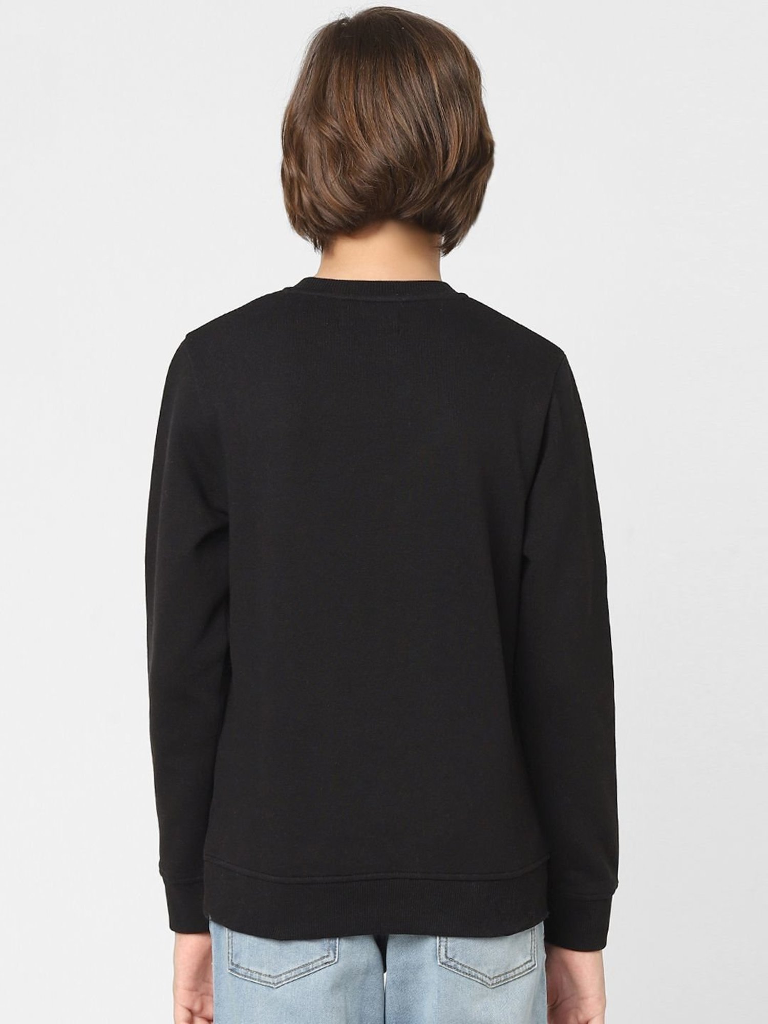 Jack & Jones Junior Black Cotton Printed Full Sleeves Sweatshirt