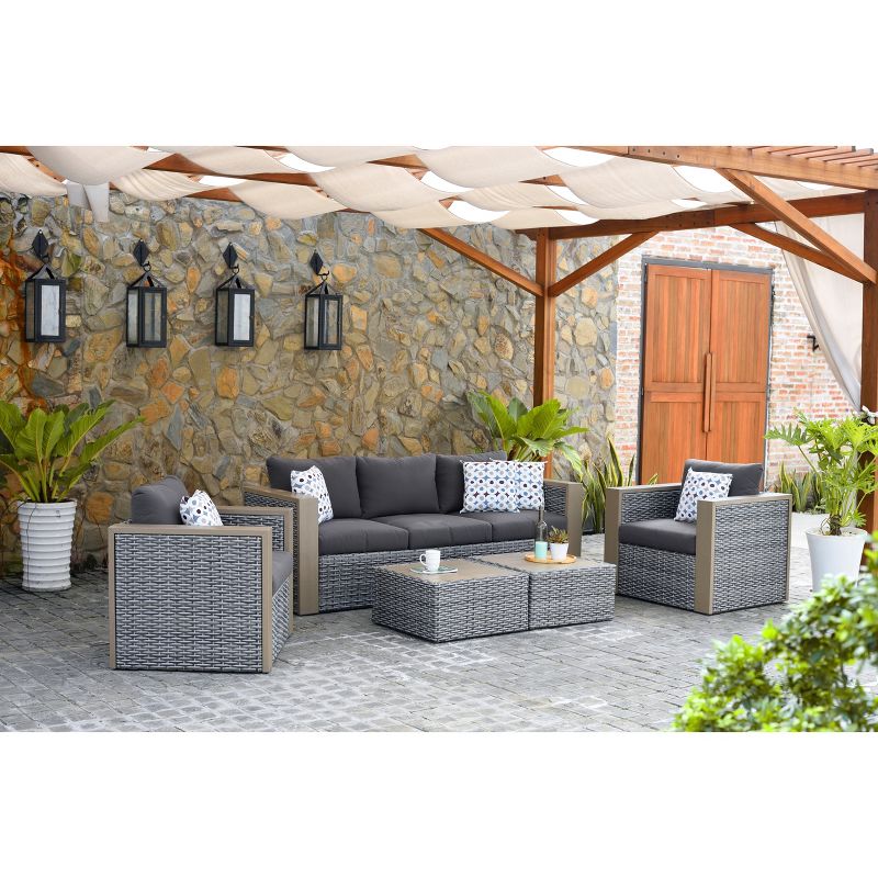 Camaro 5-Piece Wicker/Faux Wood Patio Seating Set with Gray Cushions - Gray - Amazonia