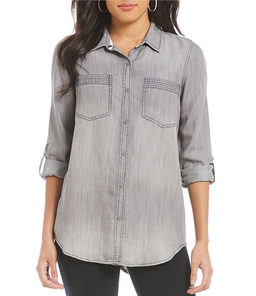 Intro Petites Roll-Tab Sleeve Button Front Slub Lyocell Shirt