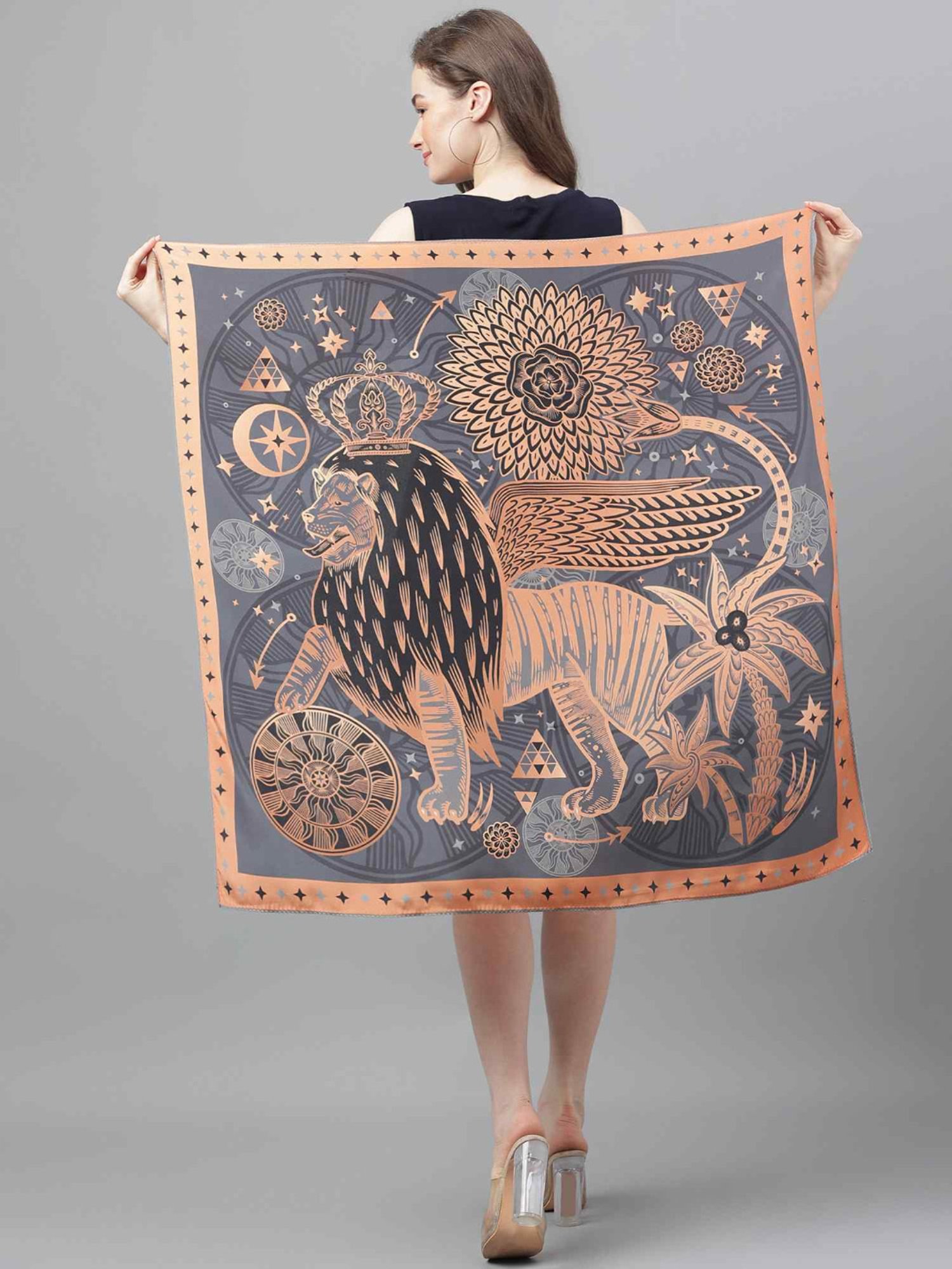 Tossido Grey & Peach Printed Scarf & Bag Scarf Set