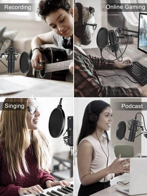 Condenser Microphone, Intelligent Noise Reduction Cardioid Computer Mic Kit with Adjustable Scissor Arm, Shock Mount, Pop Filter for Recording, Podcasting, Voice Over, Home Studio, YouTube