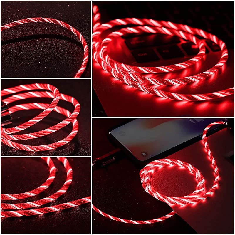 Apple MFi Certified]  Led iPhone Charger Cable, 2-in-1 Led Lightning Cable with 360&deg; Flowing Light for iPhone 12/11/11 Pro/XS/XR/X/8/8 Plus/7/7 Plus/6/6 Plus/5s/Android (Red), 3.3FT