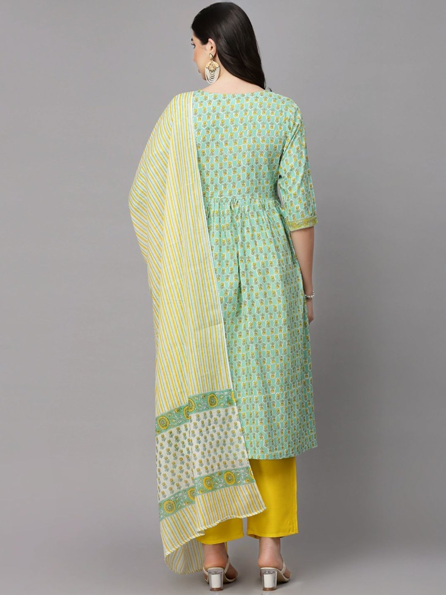 Stylum Sea Green & Yellow Floral Print Kurta & Pant Set With Dupatta