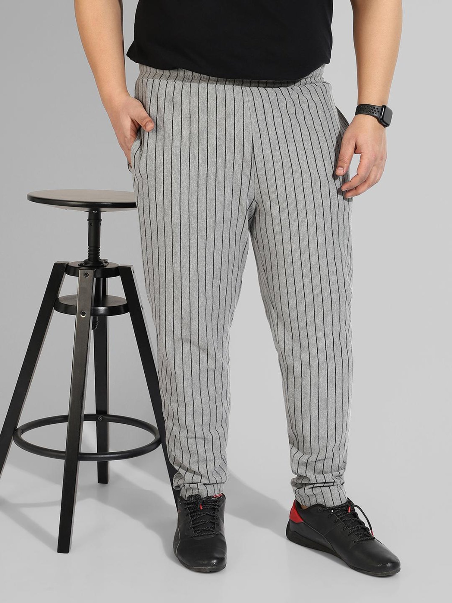 Instafab Plus Grey Cotton Regular fit Striped Plus Size Trackpants