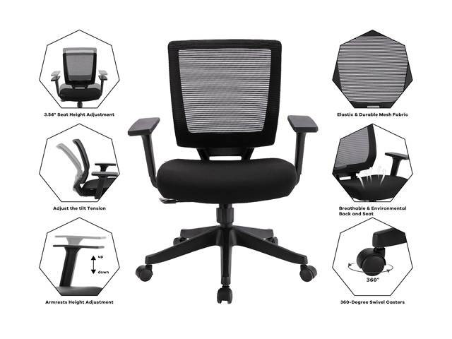 Qwork Ergonomic Mesh Task Chair Adjustable Height & Tilt for Comfort, Thick, Compact Seat Cushion, Smooth-Glide Wheels Office Chair