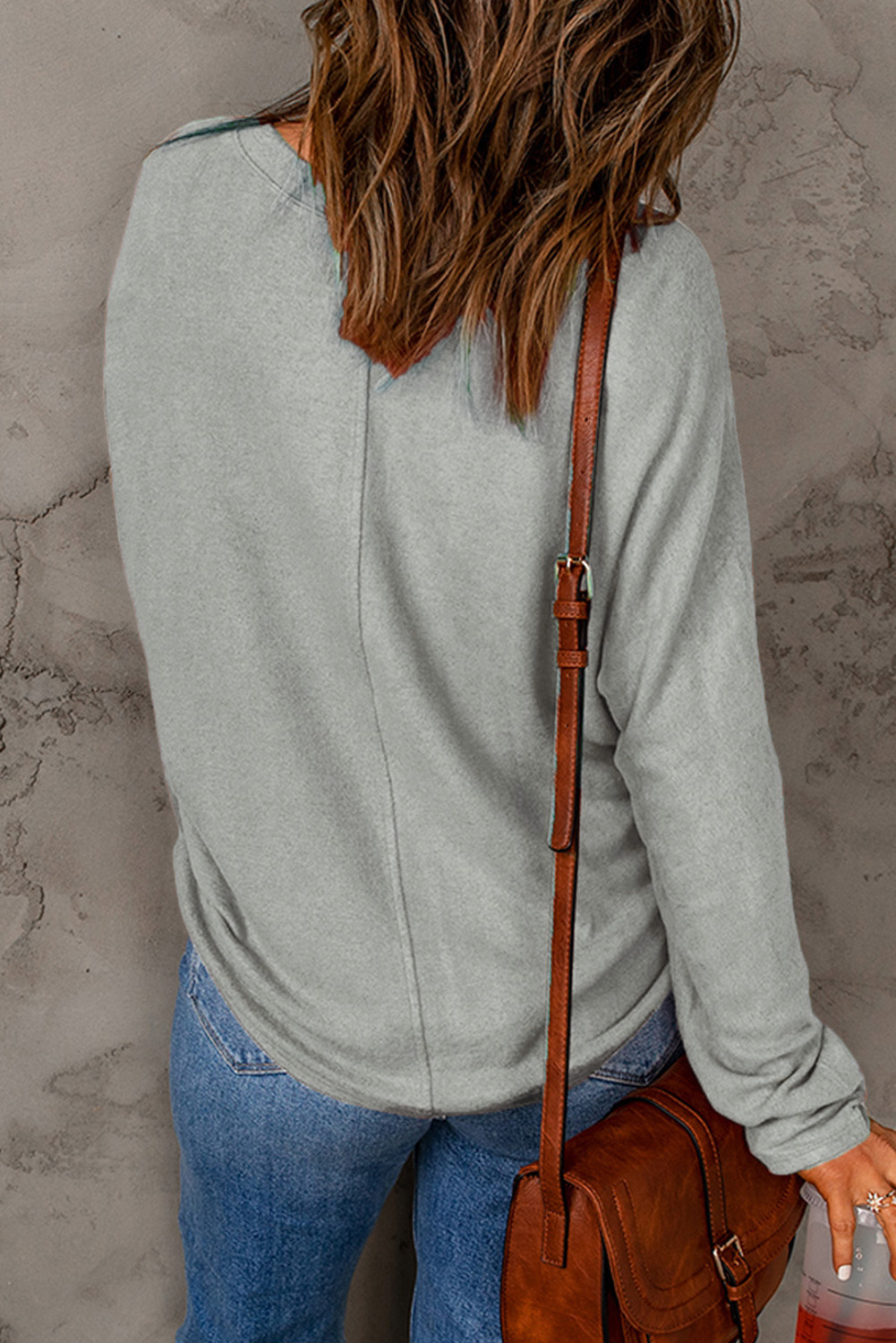 Grey Plain Solid Color Casual Seam Long Sleeve Top