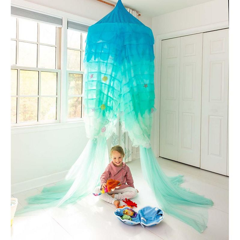 HearthSong Mermaid Blue Scalloped Gauze Canopy with LED Lights and Decorative Appliqu'e Shells and Starfish