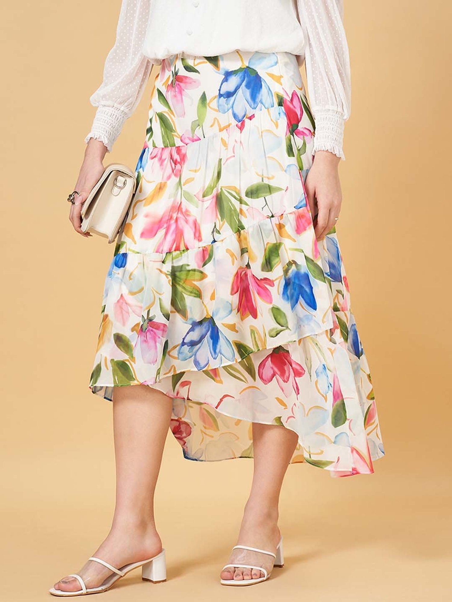 Honey by Pantaloons White Floral Print High-low Skirt