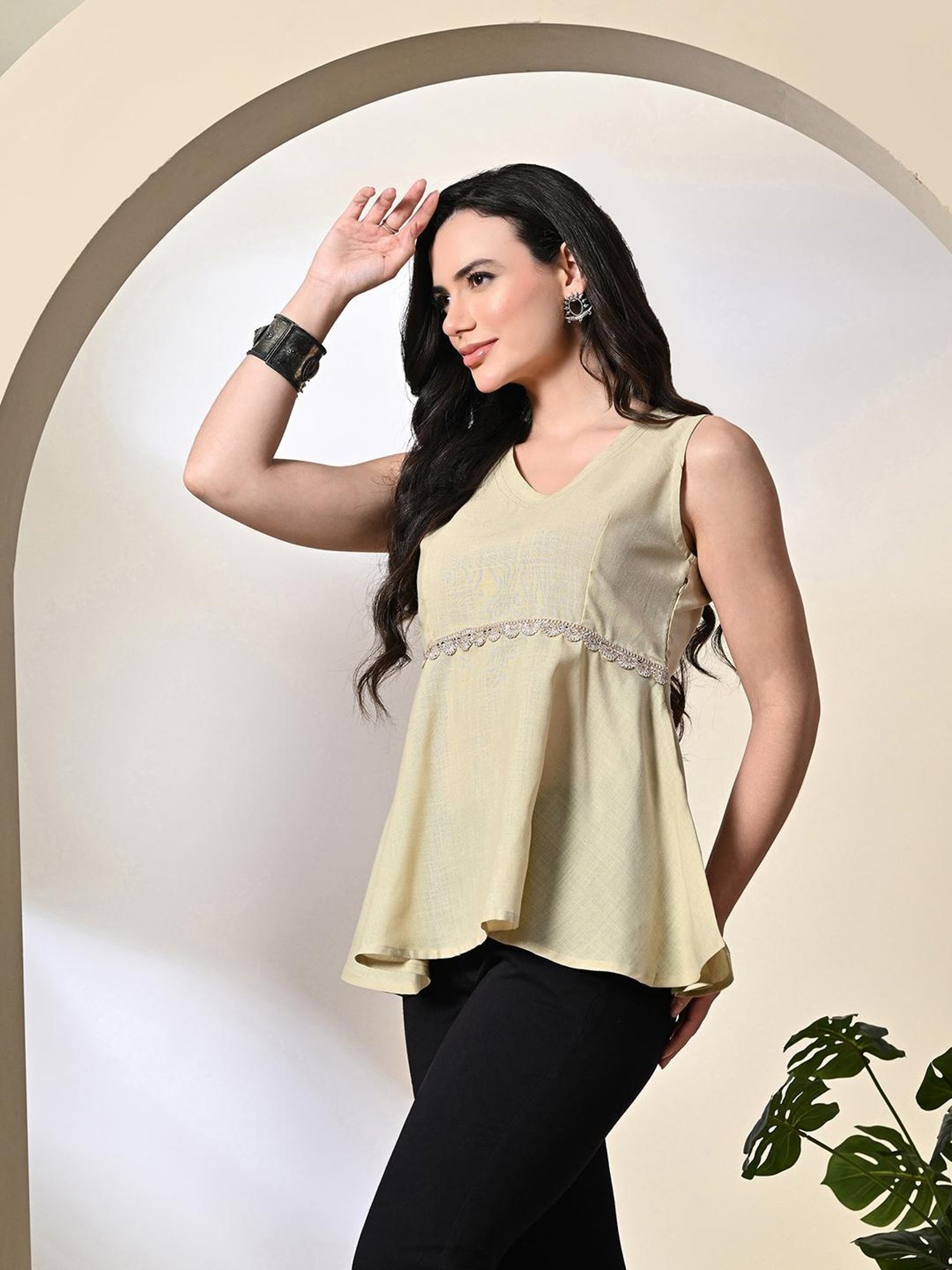 DECKEDUP Cream Cotton Embroidered Top