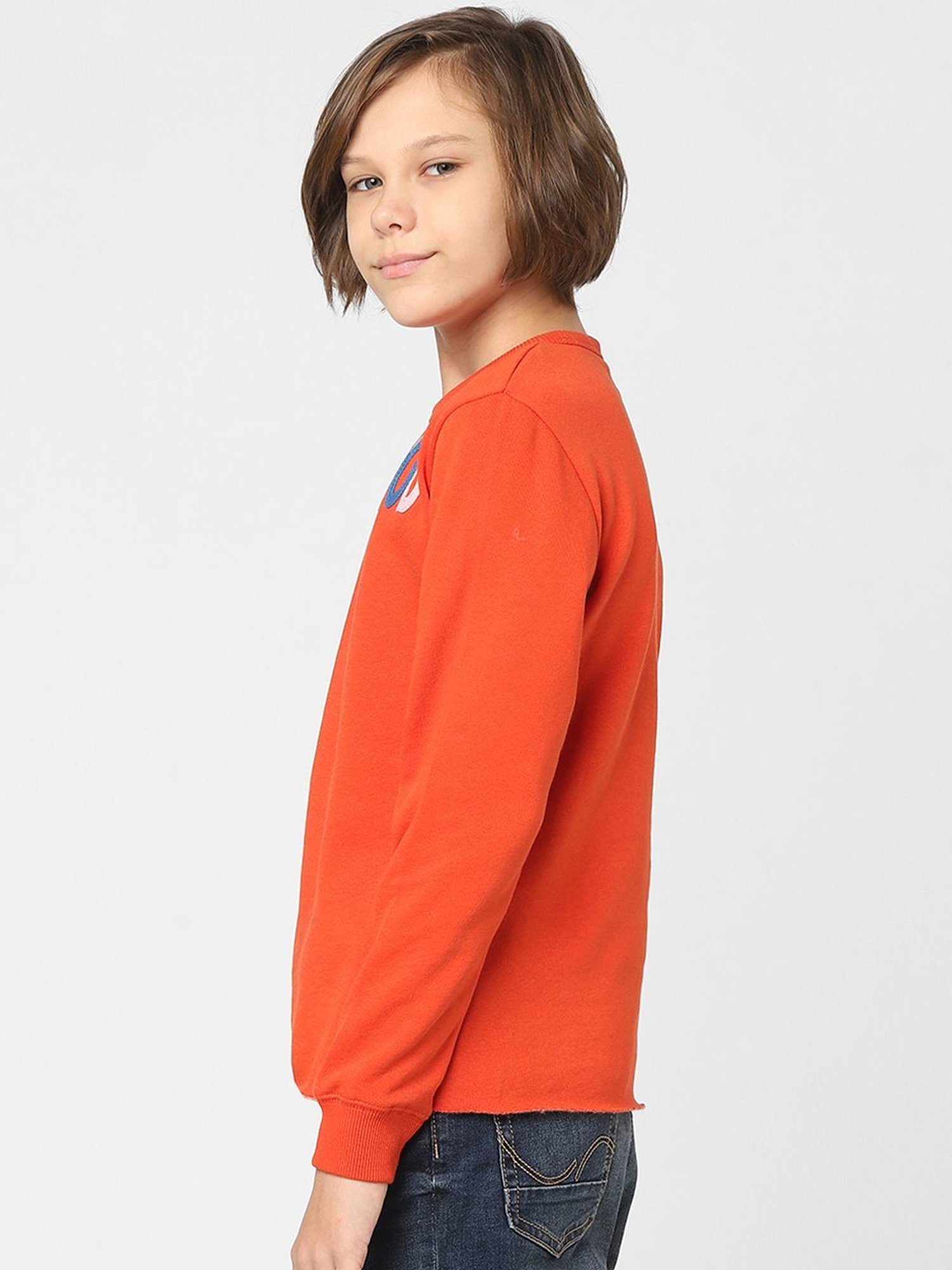 Jack & Jones Junior Orange Cotton Applique Full Sleeves Sweatshirt