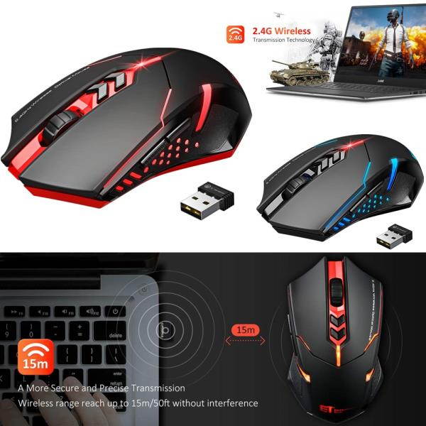 Wireless Gaming Mouse w/ Unique Silent Click Optical 2400 DPI for PC Laptop Mac