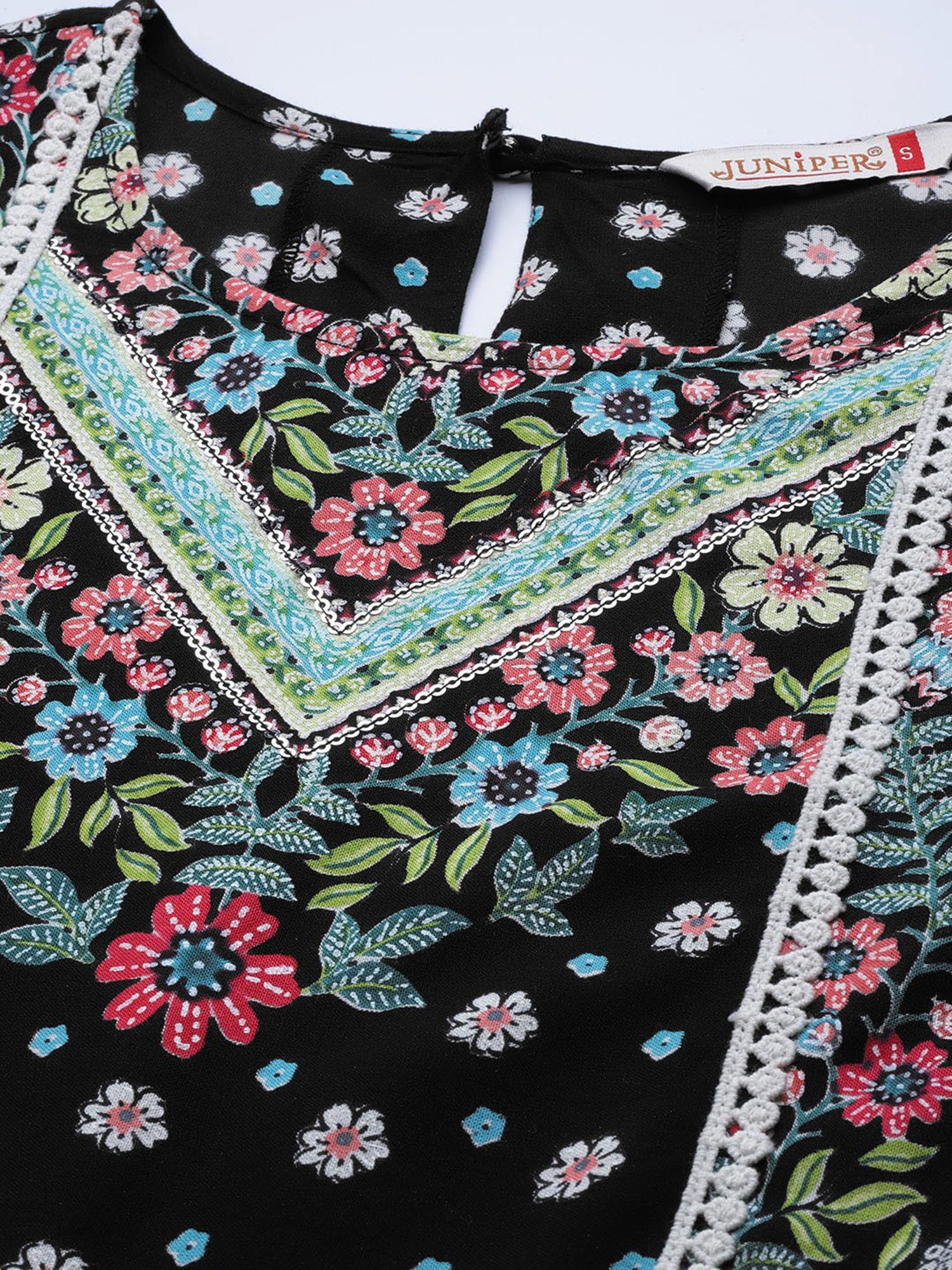 Juniper Black Festive Floral Printed Rayon Anarkali Dress