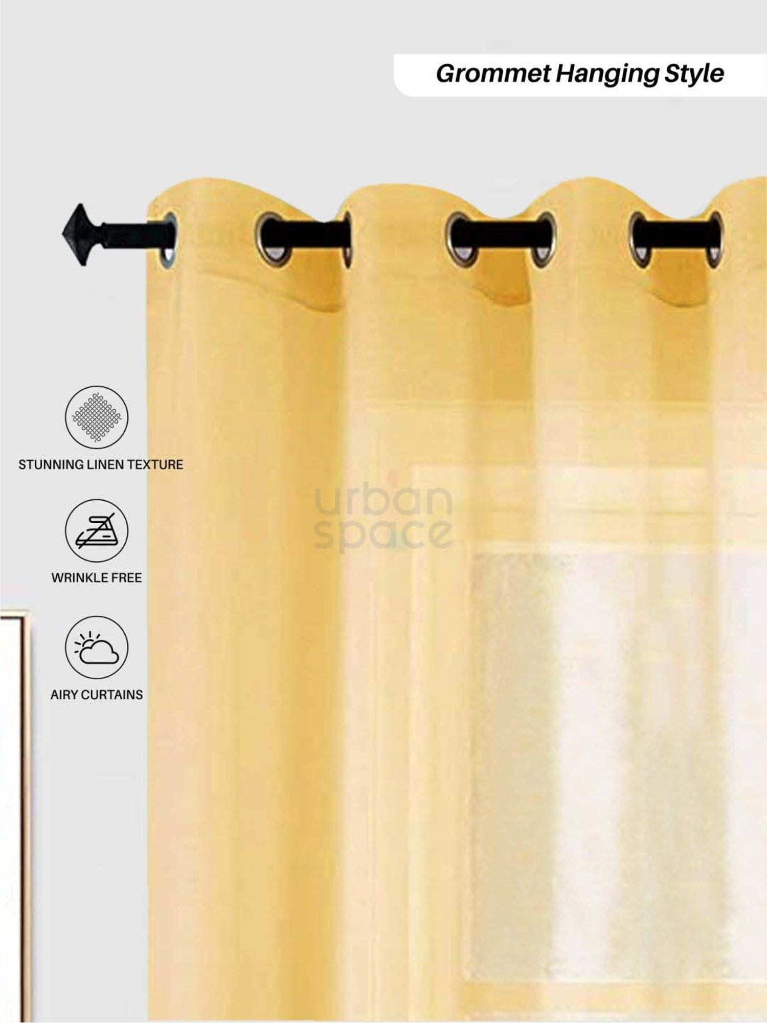 Urban Space Yellow Polyester Window Curtain With Tieback & Eyelet - Set of 2