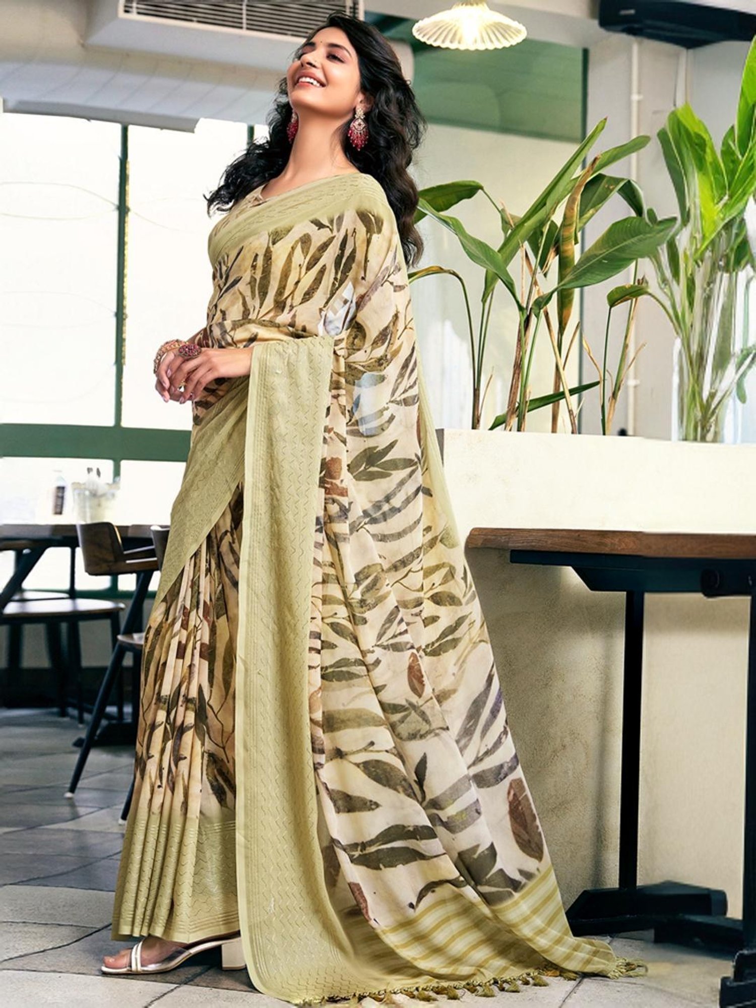 Satrani Cream & Green Printed Saree With Unstitched Blouse