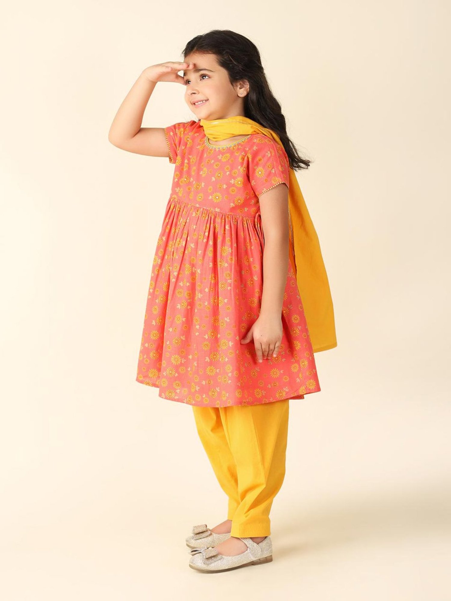 Fabindia Kids Coral & Yellow Floral Print Kurta, Salwar with Dupatta