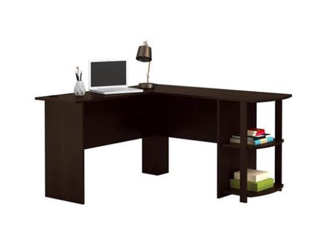 L-Shaped Wood Computer table Game Table Desk Right-angle Computer Desk with Two-layer Bookshelves,Brown,GT12