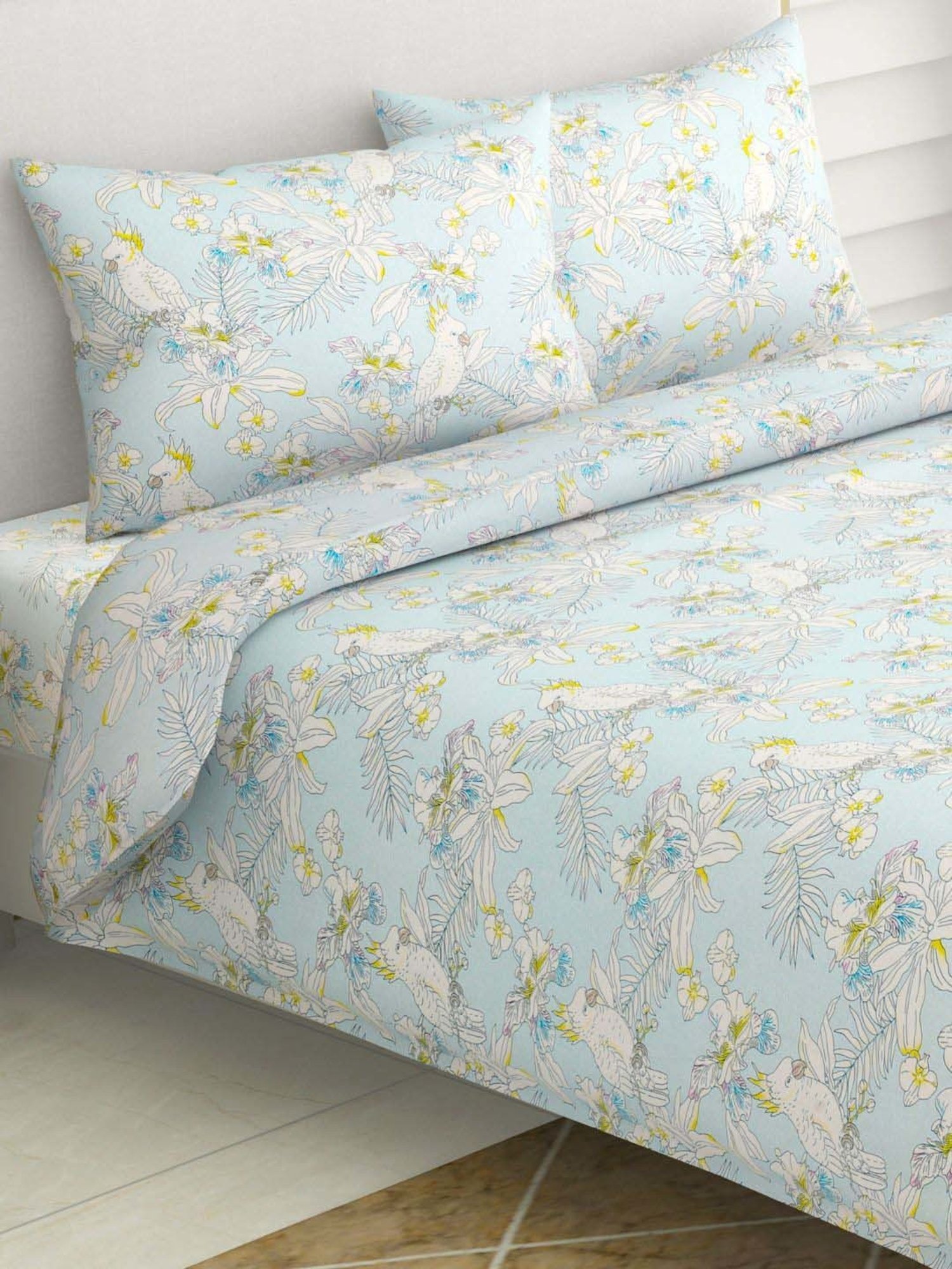 Haus & Kinder blue and Yellow Cotton 144 TC Tropical Bird Printed King Bedsheet with 2 Pillow Covers