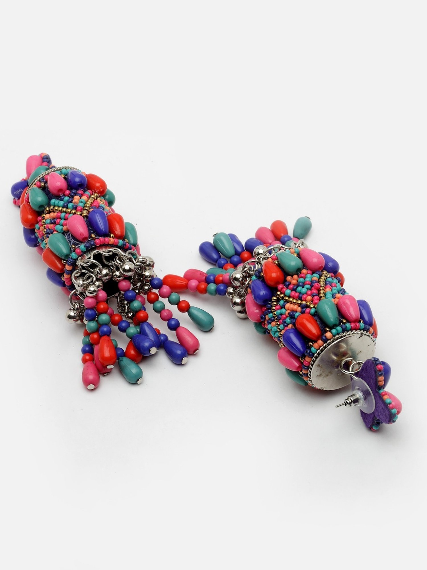 Moedbuille Multi Color Beads and Pearls Afghan Tasselled Design Silver Plated Handcrafted Earrings