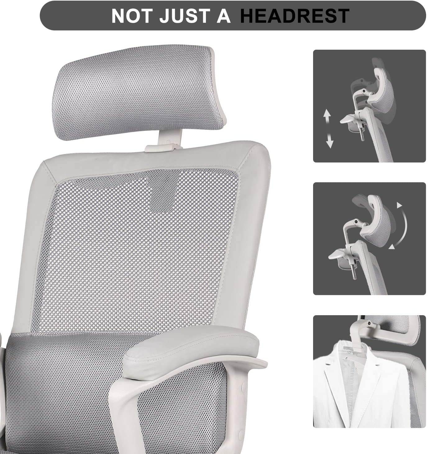 Home Office Chair, High Back Ergonomic Mesh Desk Chair with Padded Armrests and Adjustable Headrest, Gray