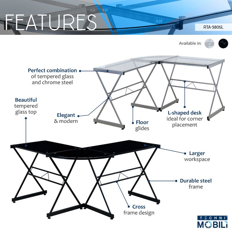 L Shaped Glass Computer Desk Black - Techni Mobili