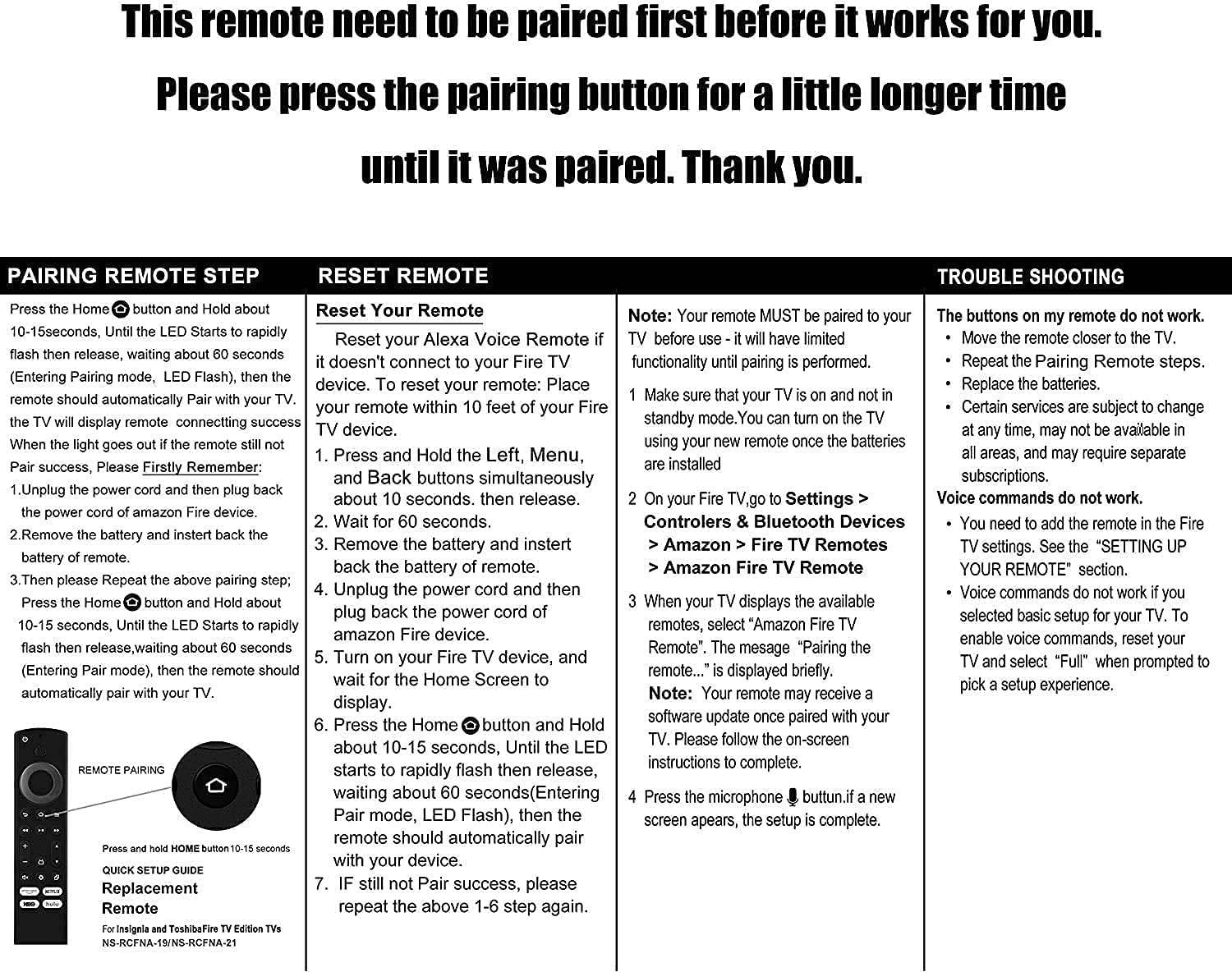 Amtone Replacement Fire TV Remote for Insignia Fire TV NS-RCFNA-19 Toshiba Fire TV CT-RC1US-19 Build-in Prime Video/Netflix/HBO/Playstation Vue Hot (No Voice Search)