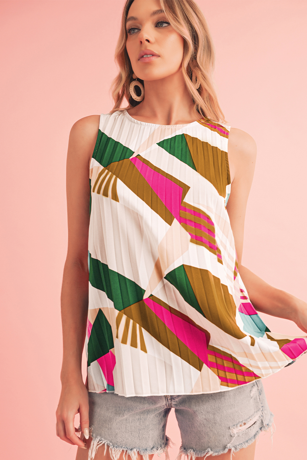 Multicolor Boho Geometric Print Keyhole Back Pleated Sleeveless Shirt