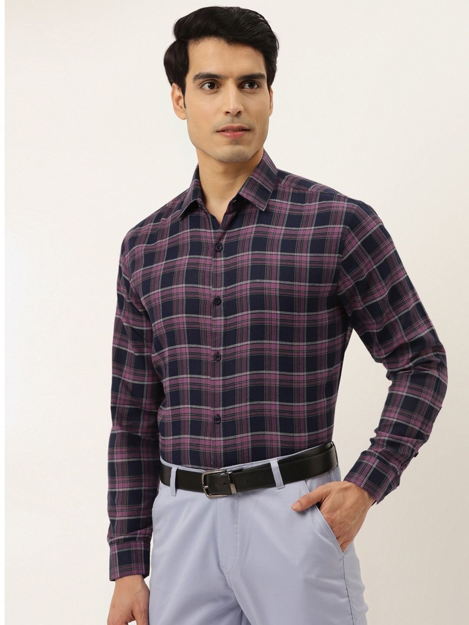 Jainish Navy & Pink Cotton Regular Fit Checks Shirt