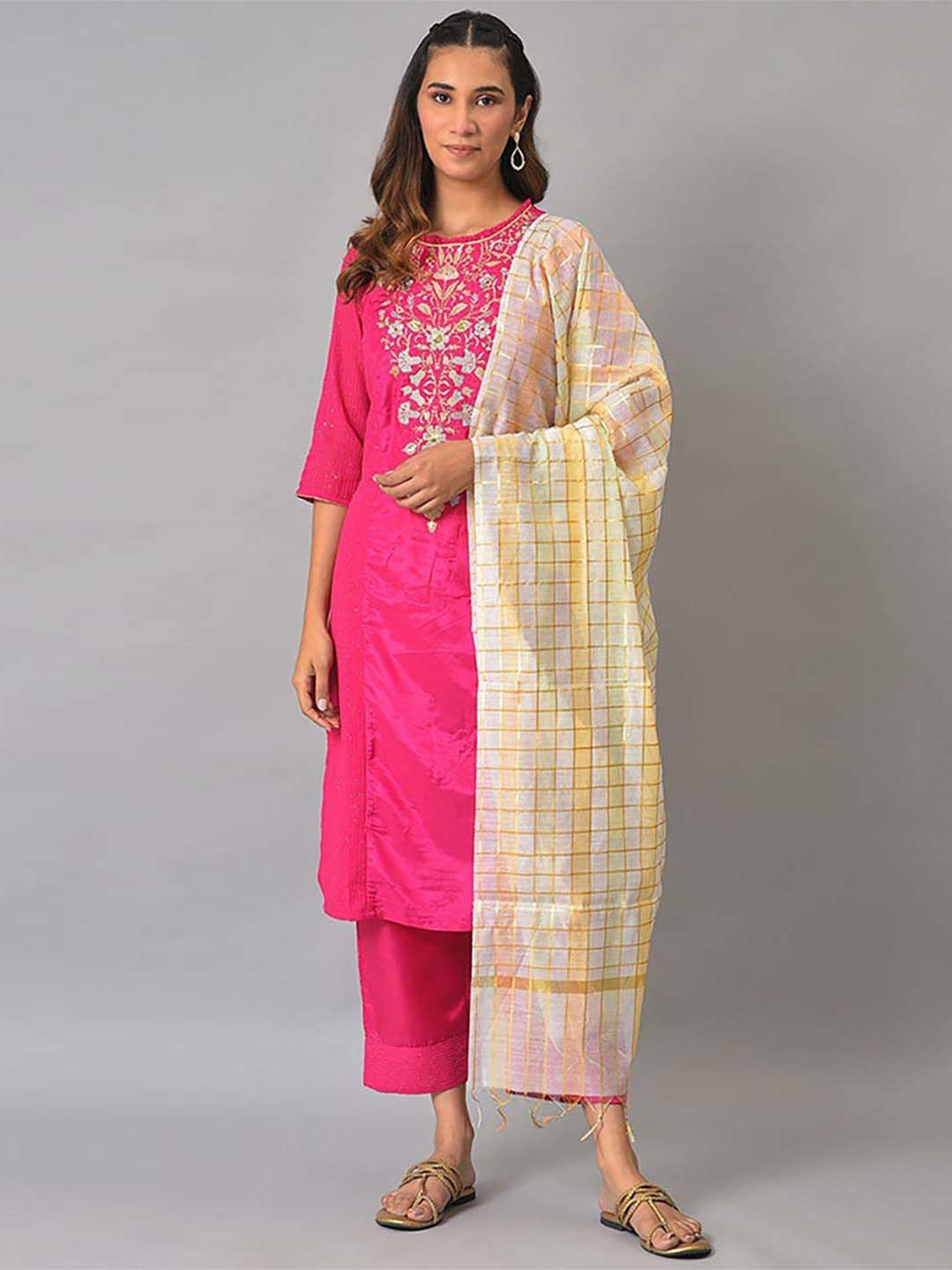 Aurelia Women Off White Solid Silk Kurta Set with Palazzo & Dupatta