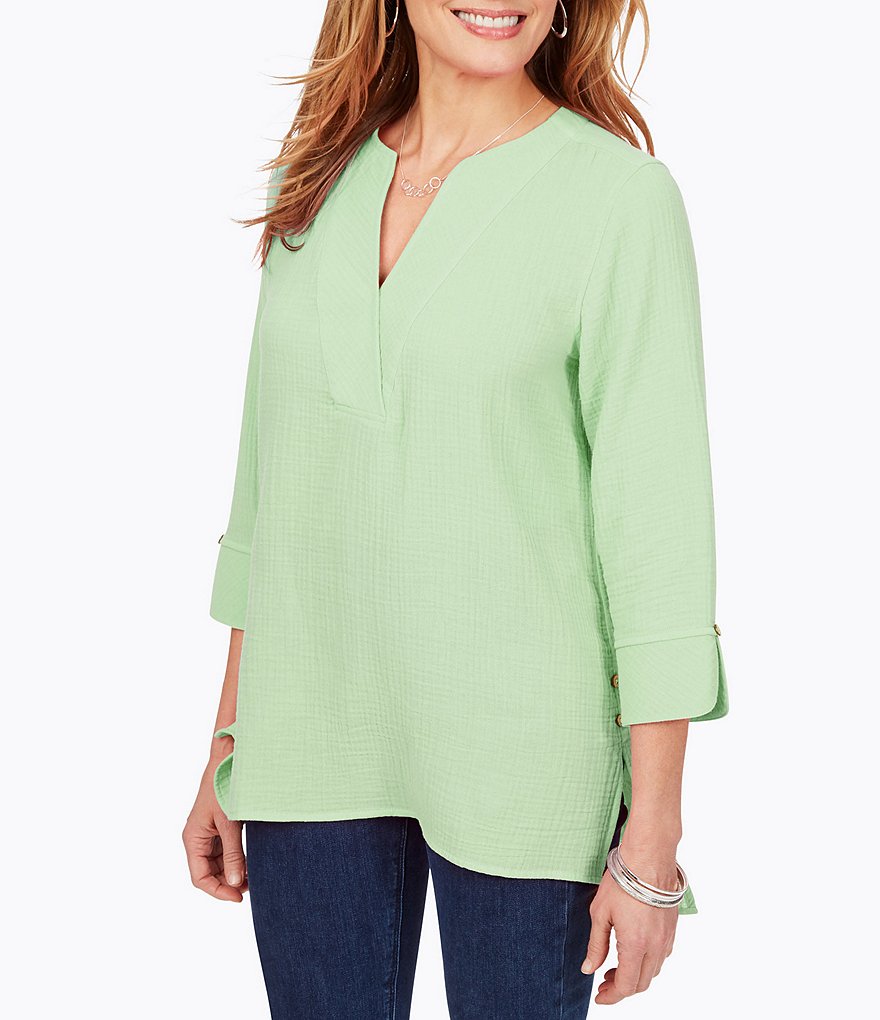 Foxcroft Vena Gauze Split V-Neck 3/4 Sleeve Tunic
