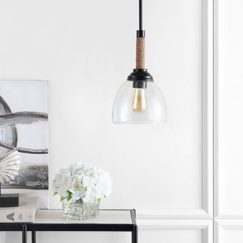 7.63" Adjustable Iron Alys Rope Wrap Modern Rustic LED Kitchen Pendant Black - Jonathan Y