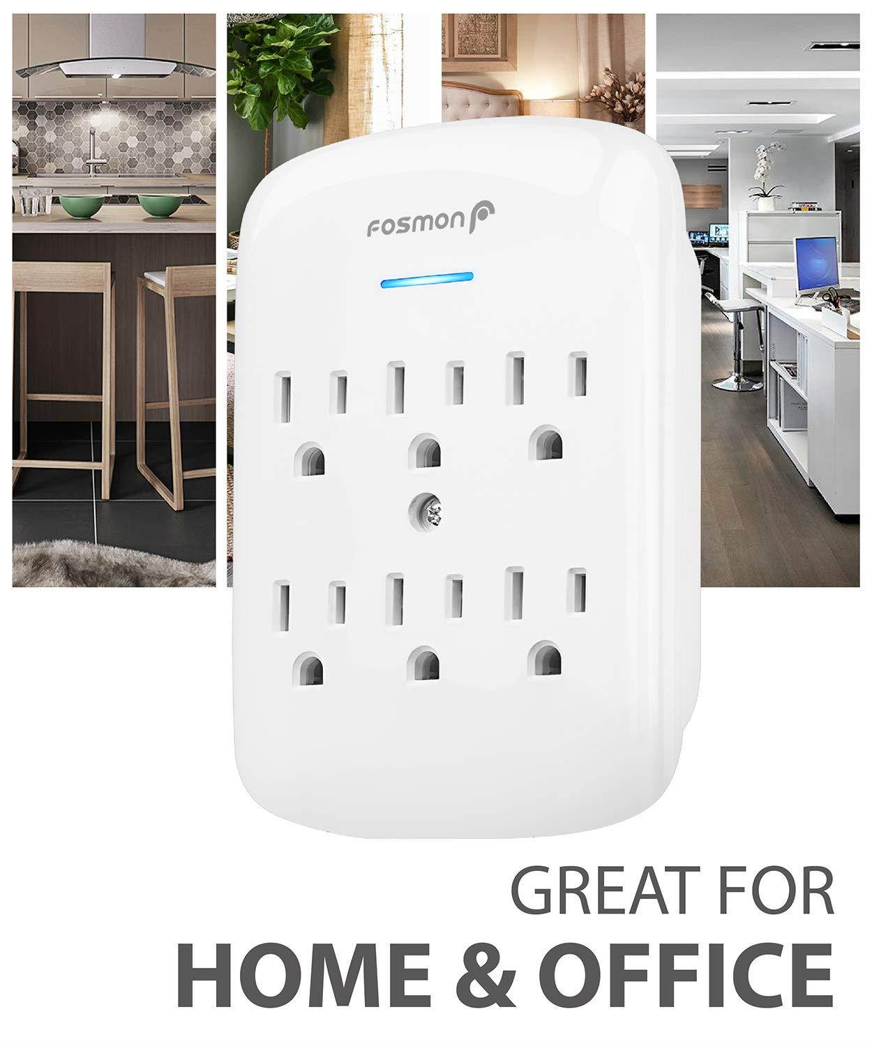 6 Outlet Wall Mount Surge Protector (2 Pack), Fosmon 3-Prong Surge Suppression 900 Joules, 15A 125VAC 60Hz 1875Watts Wall Outlet Adapter, Grounded LED, ETL Listed - White