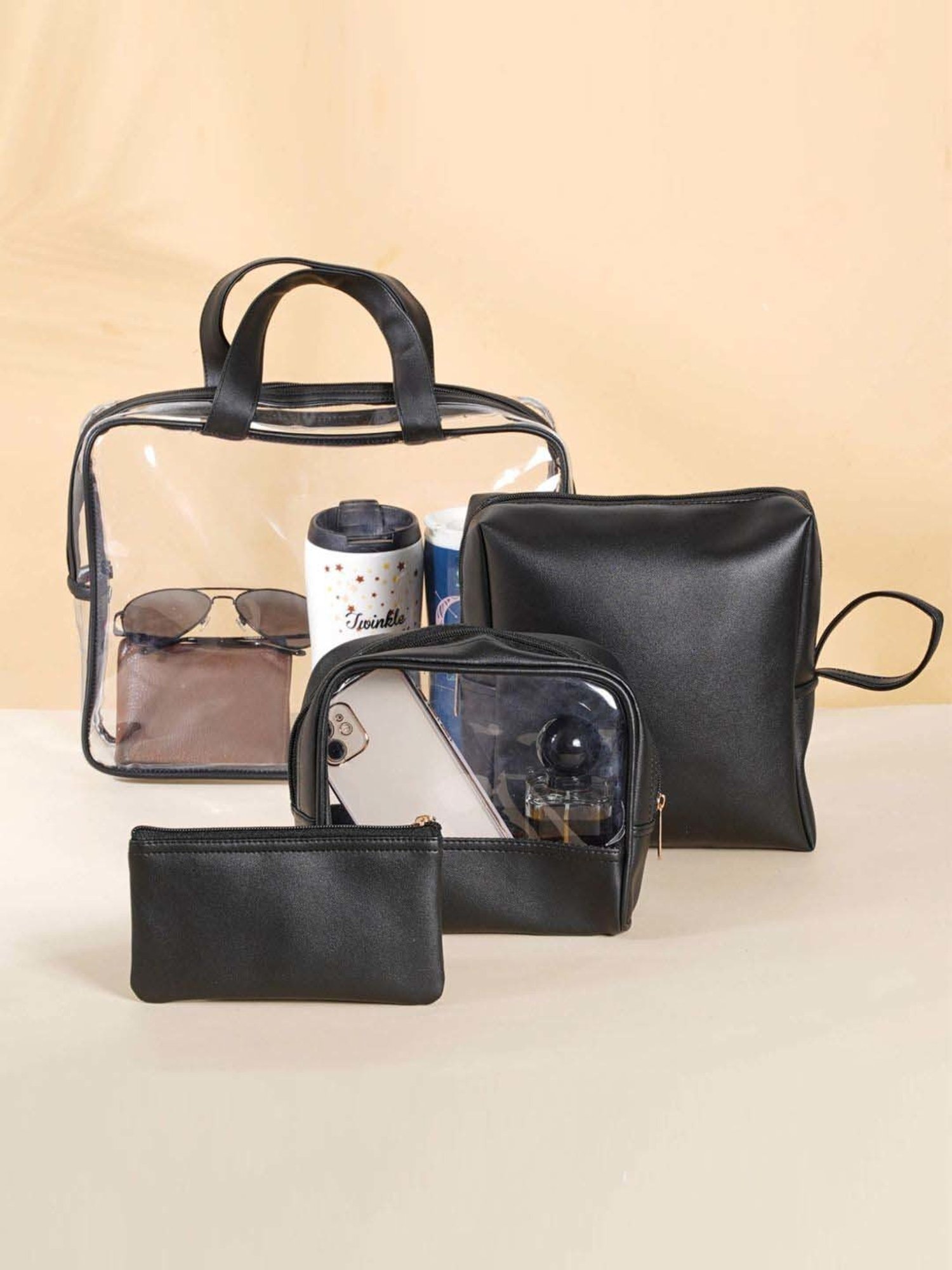 HOSTA HOMES Black Pvc Parachute Material Zipper Bag - Set of 2