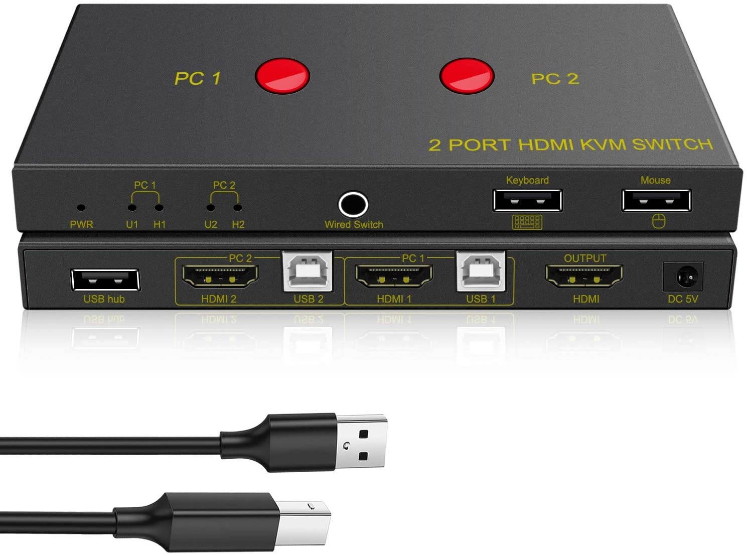 KVM Switch HDMI 2 Port Box, with USB 2.0 Hub Share 2 Computers with one Keyboard Mouse and one HD Monitor Support UHD 4K@30Hz Support Wireless Keyboard and Mouse