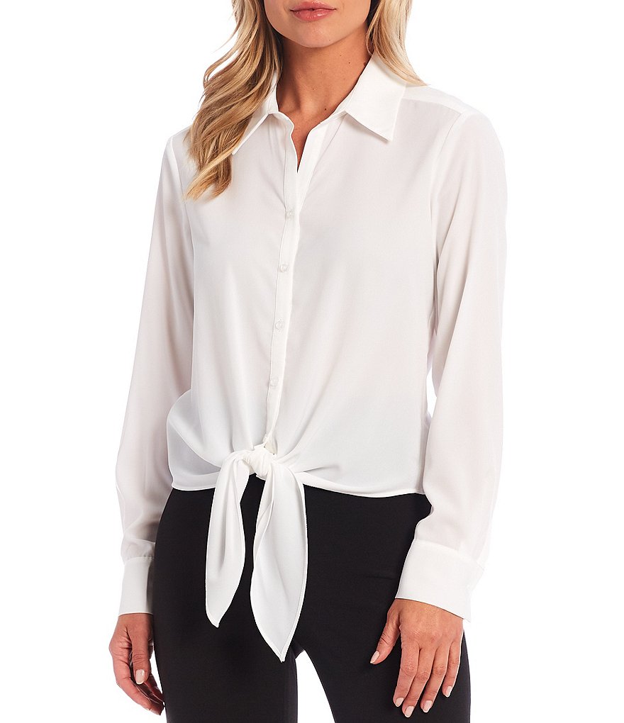 Preston & York Kinsley Tie Front Button Down Long Cuff Sleeve Woven Shirt